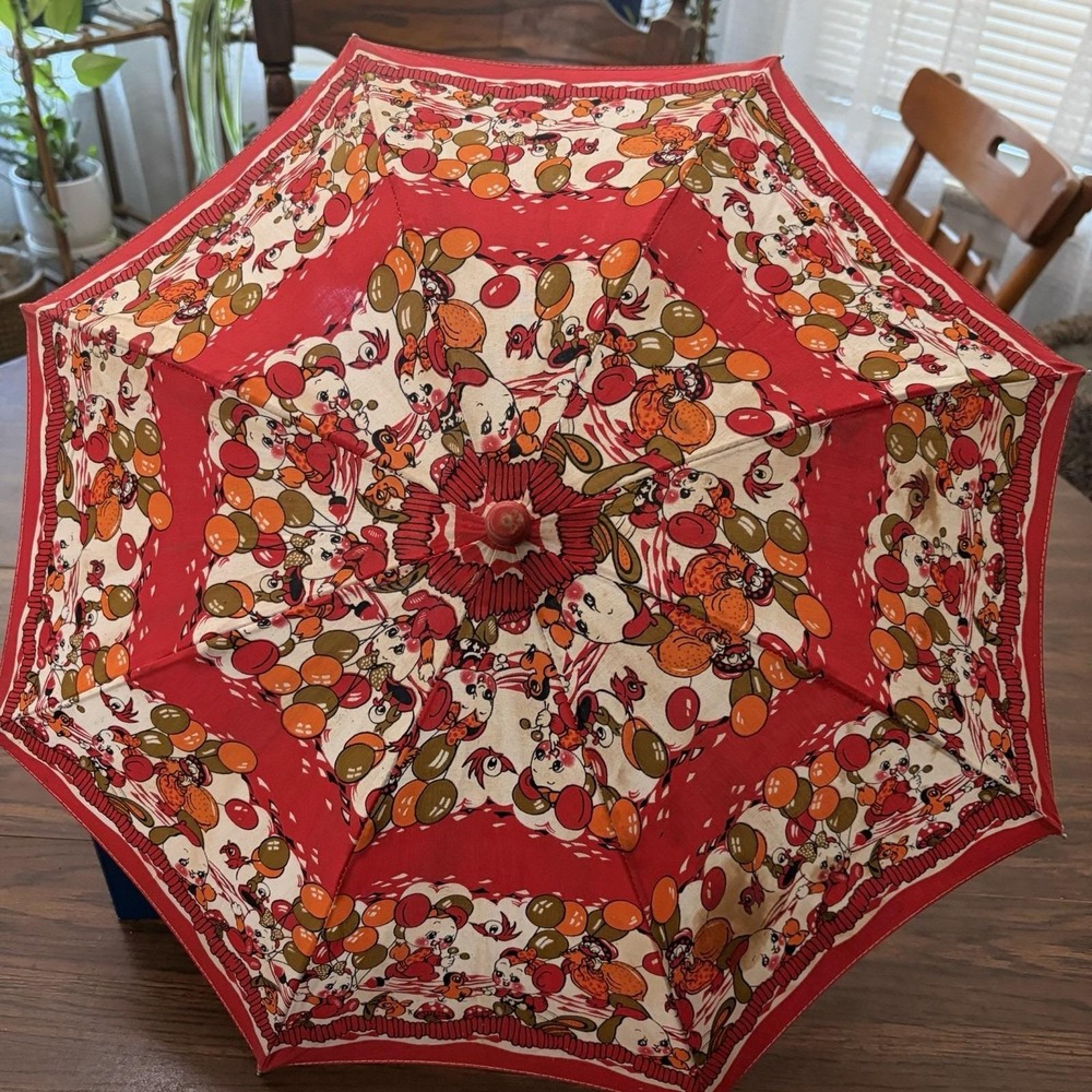 Vintage Chinese Parasol Umbrella Painted Doll Handle Red Novelty Print